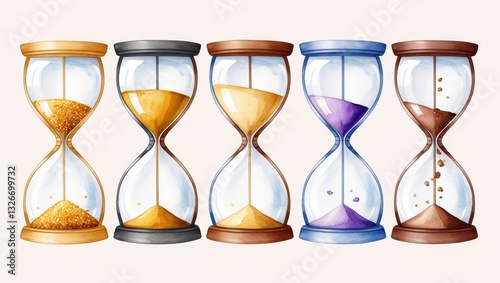 Five Colorful Hourglasses with Sand Time Measurement and Passing Concept