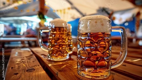 German beer in large glass mug for celebration holiday Oktoberfest, abstract vivid composition consists of background for diverse creative work