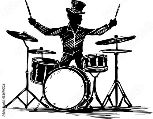 Energetic drummer performance music venue graphic urban environment side view rhythm and energy