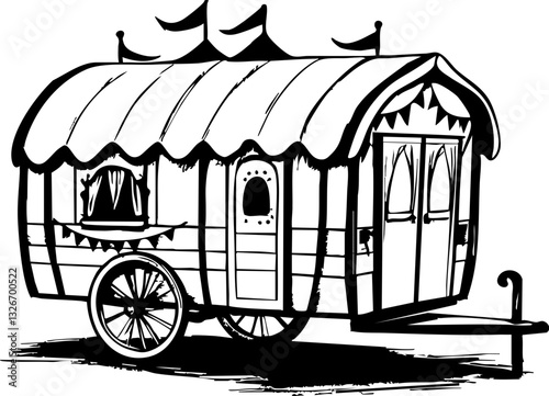 Traveling gypsy caravan adventure countryside setting illustration whimsical atmosphere side view nomadic lifestyle