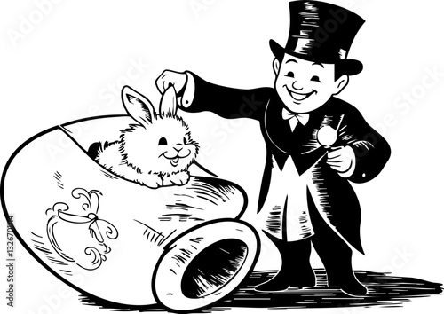 Magician performing rabbit trick stage illustration fantasy environment side view enchantment and entertainment