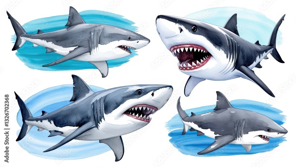 Fototapeta premium Four Great White Sharks Watercolor Painting Ocean Wildlife Marine Animal Art Aquatic Predator