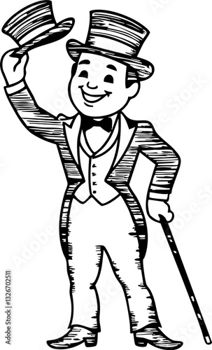 Elegant performer in top hat vintage stage illustration retro style front view charm and nostalgia