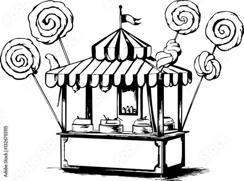 Festive candy stall fairground illustration whimsical eye-level sweet treats and joy