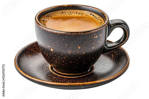 Rich espresso in a black ceramic cup on a saucer