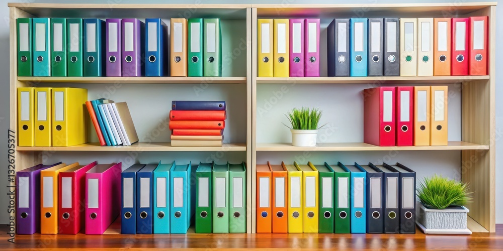 Naklejka premium Organized workspace with colorful binders arranged neatly on a shelf, tidy desk