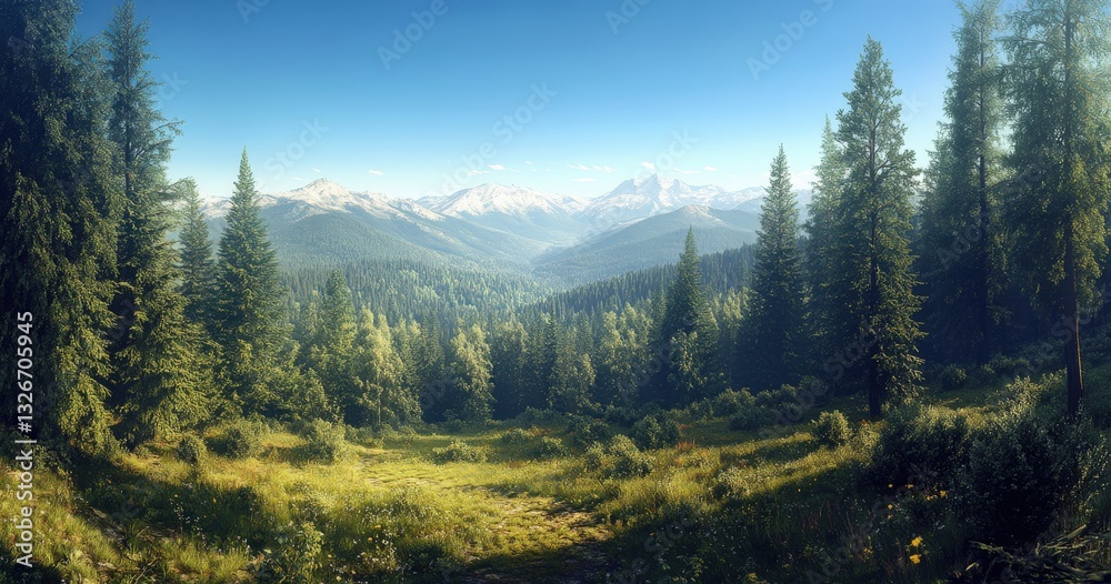 A beautiful forest set in the mountains with towering peaks A beautiful forest set in the mountains with towering peaks