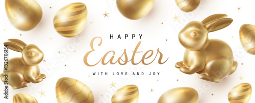 Vector holiday illustration with realistic shine golden egg and bunny with word Happy Easter. 3d cartoon style pattern design with golden egg and rabbit for holiday easter hunt greeting card