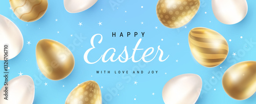 Vector holiday illustration with realistic shine golden and white egg with word Happy Easter. 3d cartoon style pattern design with different golden and white egg for holiday easter hunt banner