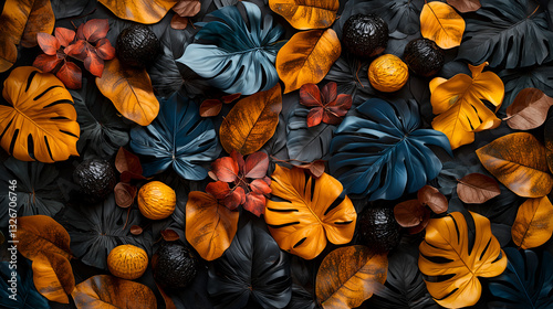 A vibrant arrangement of colorful leaves and fruits showcasing autumn hues, creating a visually striking, natural composition.