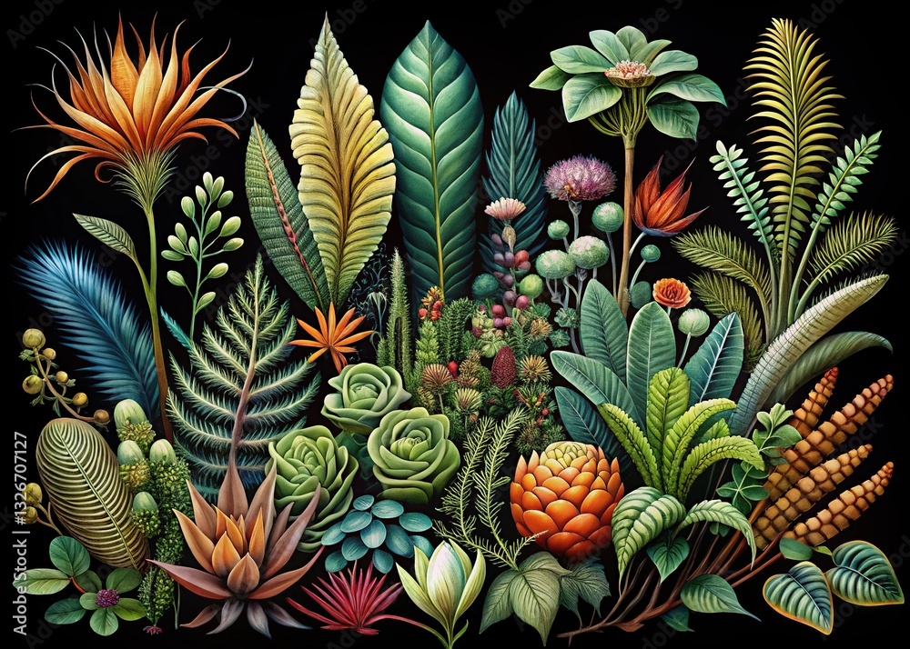 Fototapeta premium Black background botanical prints. Simple elegance.