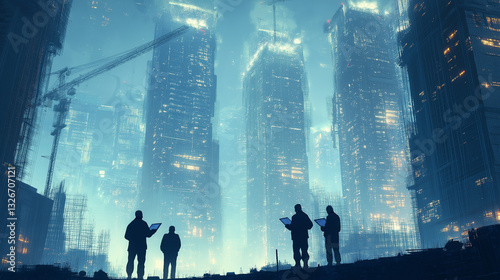 A visionary civil engineer standing proudly in front of a futuristic skyscraper under construction, symbolizing excellence in engineering.