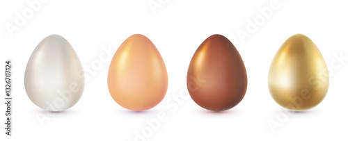 Vector set of illustration of realistic shine different color egg isolated on white background. 3d cartoon style design of golden and chocolate egg for holiday easter hunt greeting card
