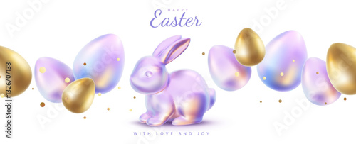 Vector holiday illustration with realistic shine neon bunny and golden egg with word Happy Easter. 3d cartoon style pattern design with purple rabbit and golden egg for holiday easter hunt banner