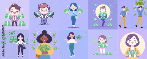 illustration of people with a lot of money on purple background 