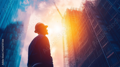 A visionary civil engineer standing proudly in front of a futuristic skyscraper under construction, symbolizing excellence in engineering.