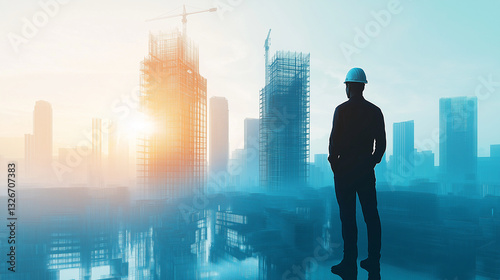 A visionary civil engineer standing proudly in front of a futuristic skyscraper under construction, symbolizing excellence in engineering.