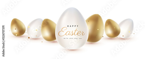 Vector holiday illustration with realistic shine white and golden egg with word Happy Easter. 3d cartoon style design with different white and golden egg for holiday easter hunt banner