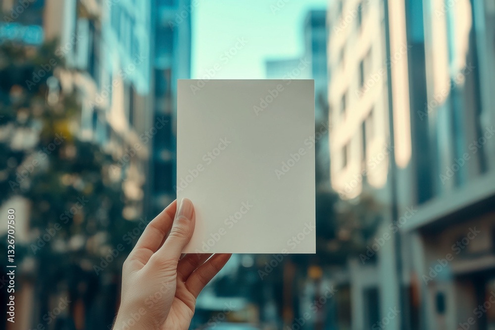 Hand Holding Blank White Square Card in Urban City Street Setting - Copy Space for Text or Design Hand Holding Blank White Square Card in Urban City Street Setting - Copy Space for Text or Design
