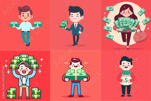 cartoon illustration of people with a lot of money on red background 