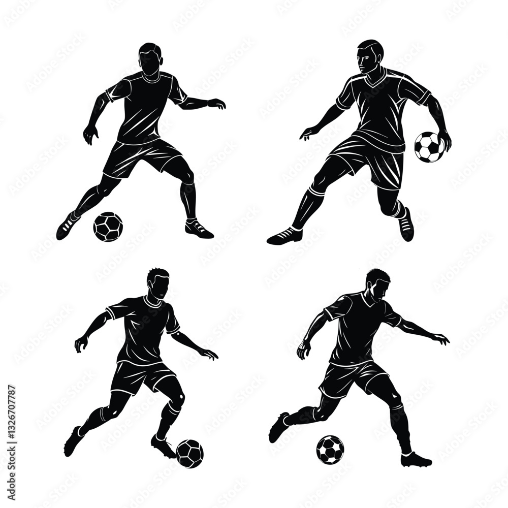 Silhouette of football players in action during a match, Soccer players silhouettes Silhouette of football players in action during a match, Soccer players silhouettes