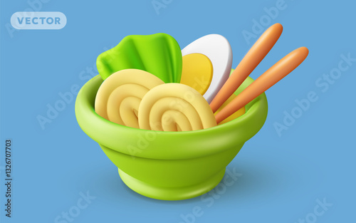 Vector realistic illustration of asian meal with noodles in bowl. Tasty noodles soup with egg. 3d style cartoon design of traditional asian dish with chopsticks. Japanese or korean fast food icon