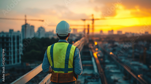 A visionary civil engineer standing proudly in front of a futuristic skyscraper under construction, symbolizing excellence in engineering.