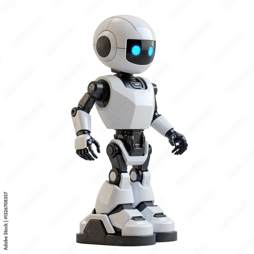 Friendly White Robot with Blue Glowing Eyes in Three-Quarter View Friendly White Robot with Blue Glowing Eyes in Three-Quarter View