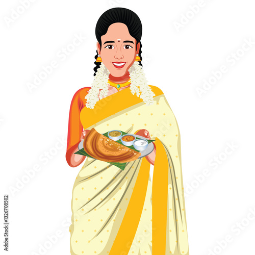 South Indian Woman Holding Dosa Sambar Plate In Hand Vector Illustration