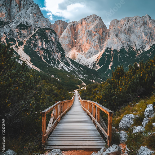 A wooden bridge leads through lush greenery towards majestic mountains under a dramatic sky.