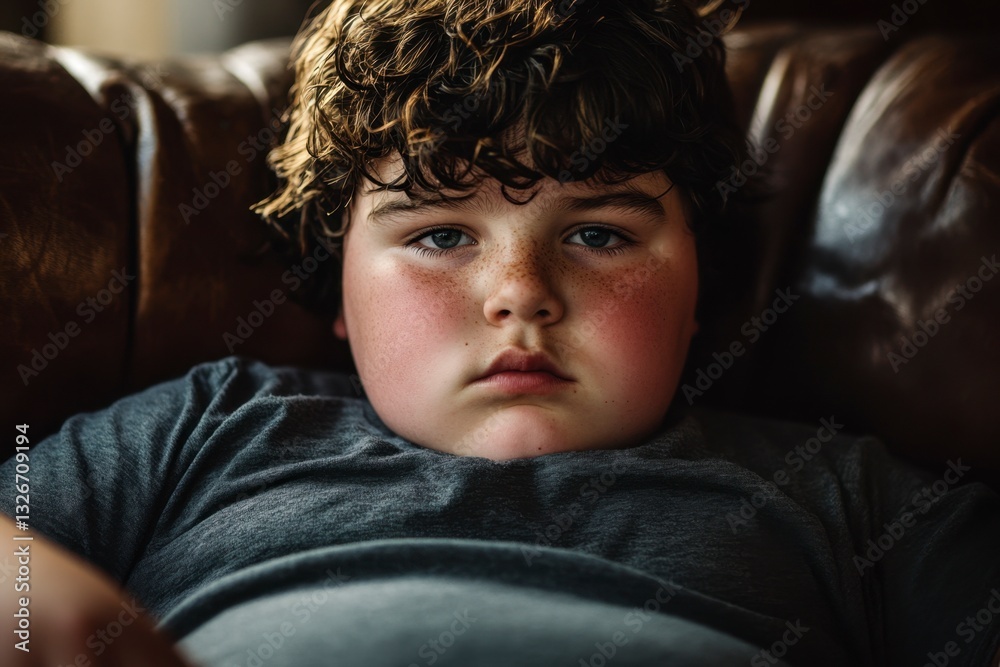 Obraz premium Portrait of a Caucasian Boy with Curly Hair and Freckles Sitting on Leather Couch