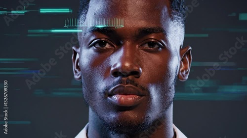 Close-up portrait of a serious young black man with futuristic augmented reality data streaming across his face. A concept of modern technology, data analysis, and digital identity.