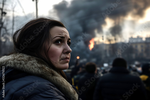 Woman in winter coat watching city in war fire with smoke, urban protest chaos, dramatic scene