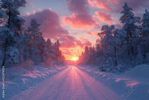 Winter Road Through Snowy Forest with Colorful Sunset Clouds in Finland photo