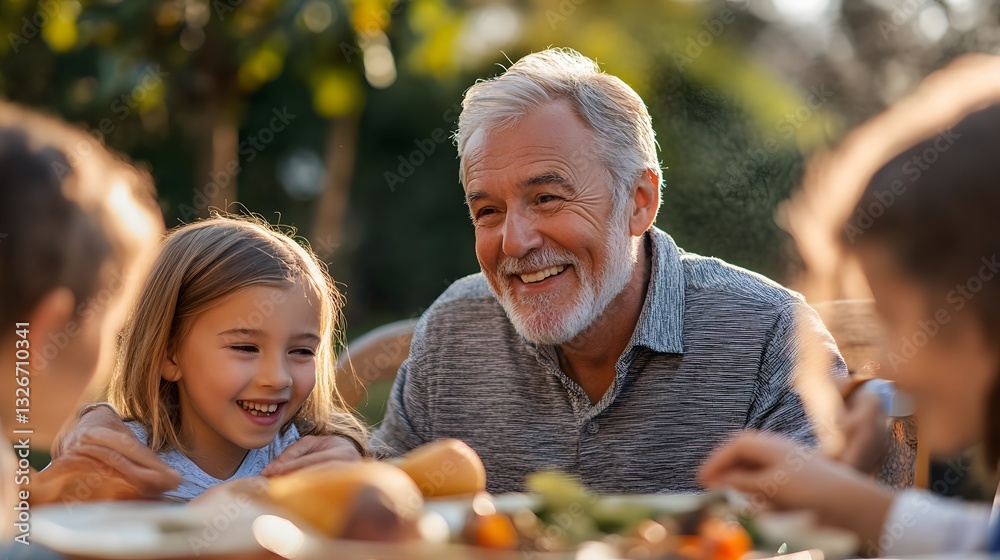 Grandfather sharing a happy moment with granddaughter at family lunch outdoors Grandfather sharing a happy moment with granddaughter at family lunch outdoors