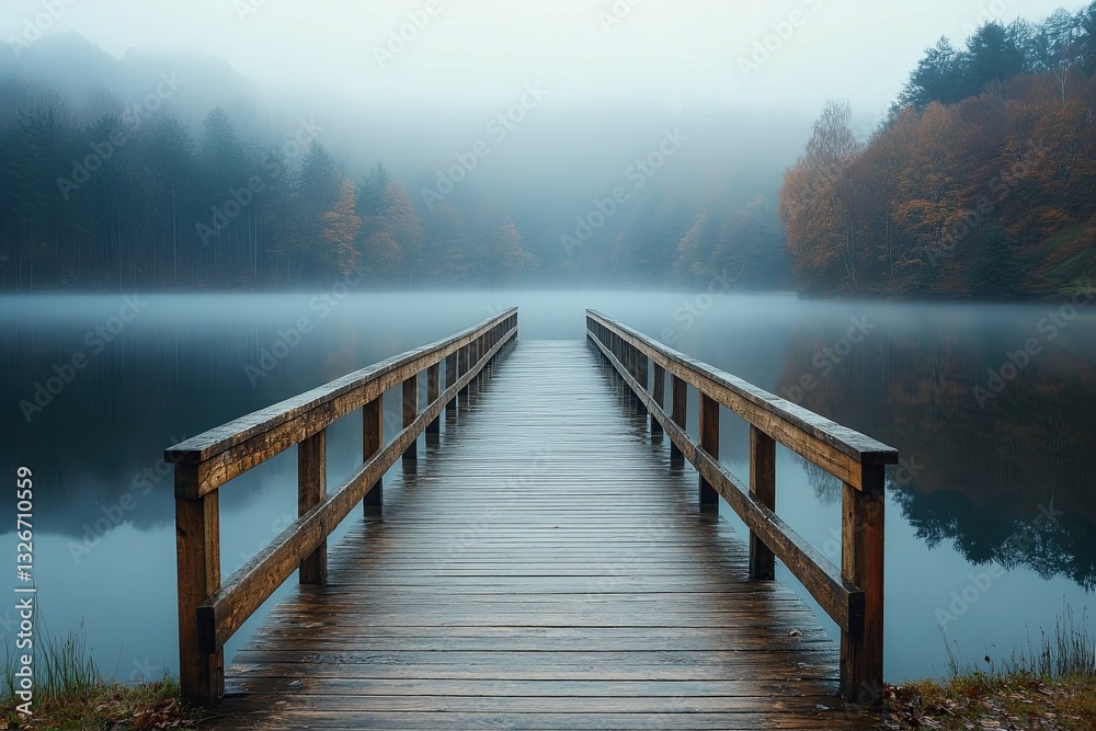 Naklejka premium Wooden pier extends into foggy water with trees in background