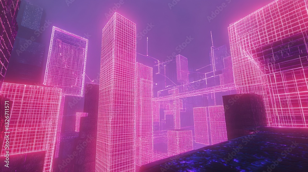 Obraz premium Neon Cityscape Wireframe