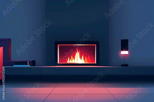 Simple linear icon of a contemporary fireplace in cool azure, sleek lines, and minimalistic design.