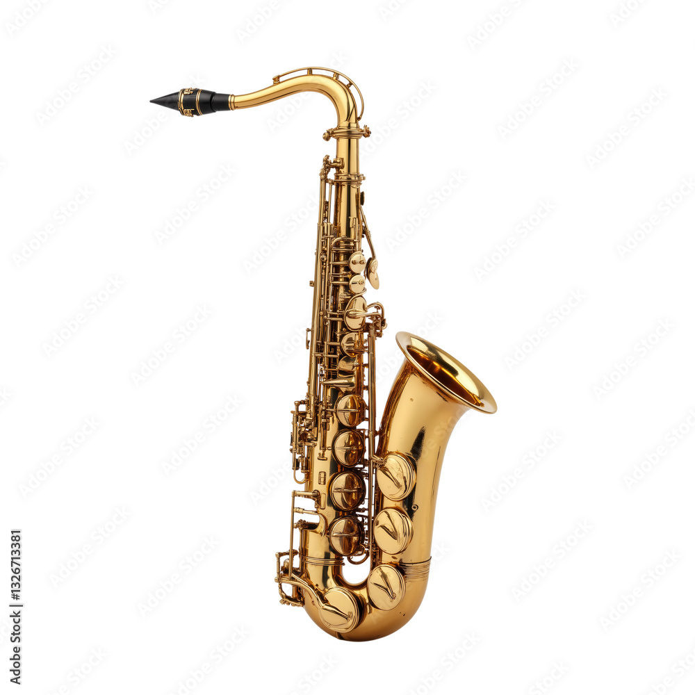 Obraz premium Gold-Lacquered Tenor Saxophone Showcasing Curved Neck and Flared Bell