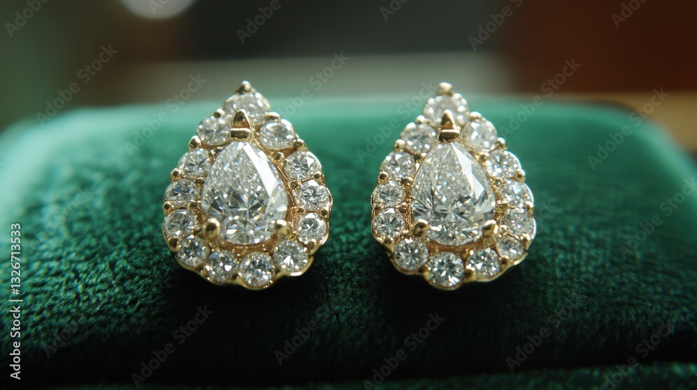 A pair of diamond teardrop earrings arranged beautifully on a soft velvet cushion A pair of diamond teardrop earrings arranged beautifully on a soft velvet cushion