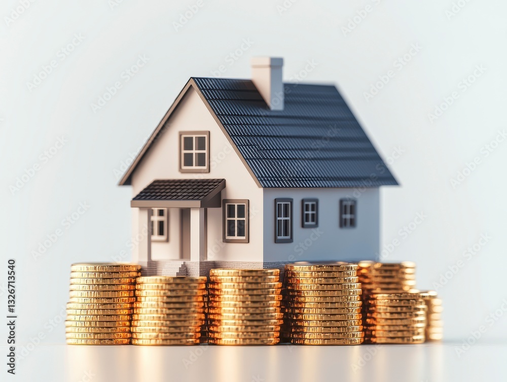 Miniature House Model on Golden Coins Stack with Soft Background Miniature House Model on Golden Coins Stack with Soft Background