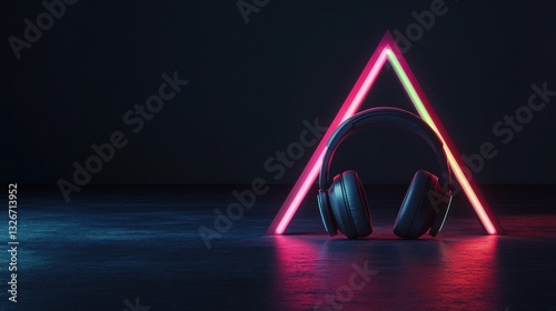 Neon Headphones on a Dark Floor
