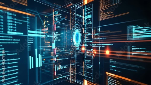 Futuristic Digital Interface with Cybernetic Data Streams and Holographic Technology