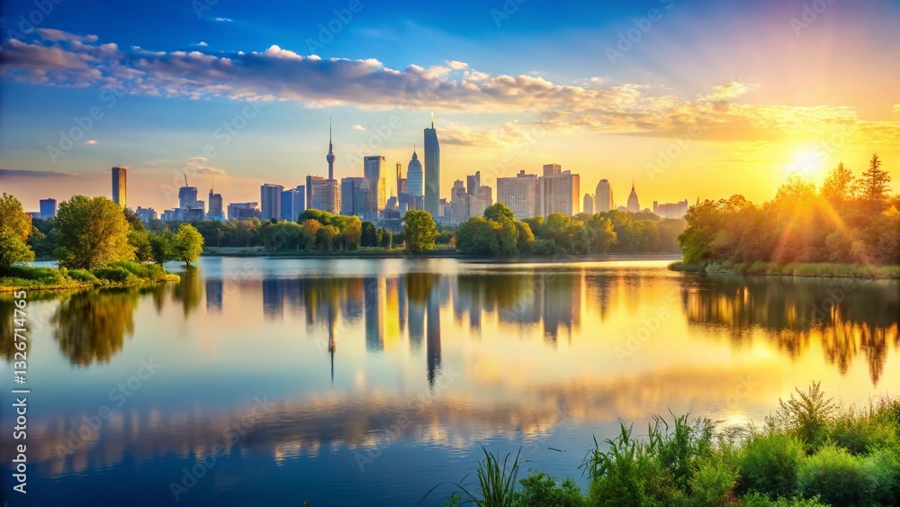 Fototapeta premium Distant City Skyline Summer Lake View - Urban Exploration Photography