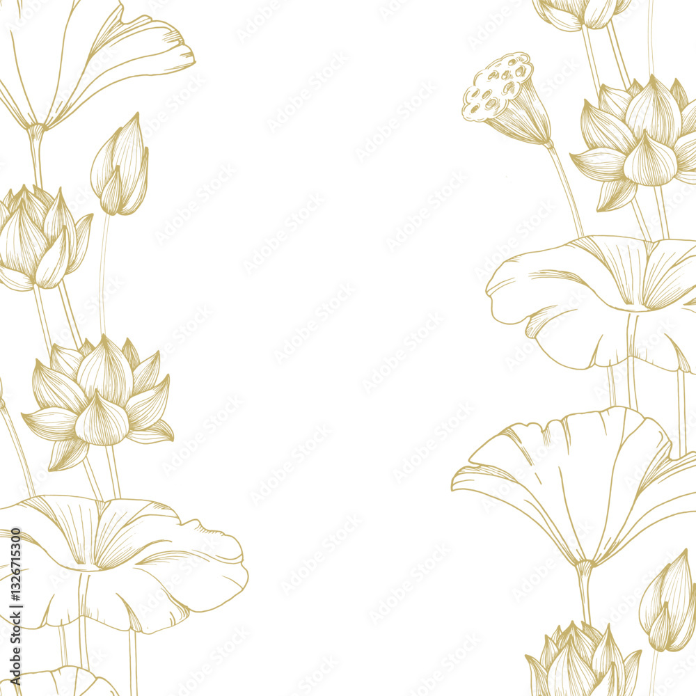 Obraz premium Lotus gold flowers, seed pod and leaves seamless border. Vector illustration hand drawn and isolated on white background. Template for label and logo design