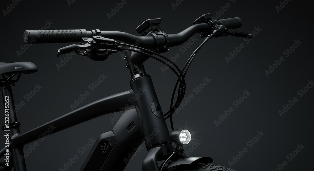 Fototapeta premium A close up details of high-end matte black electric bicycle showcased in a professional studio setting, positioned on a dark gray background