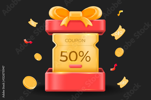 Exclusive 50% off coupon inside a luxury gift box! Unlock savings, special discounts, and deals. Perfect for promotions, e-commerce, and limited time offers. Grab your deal now