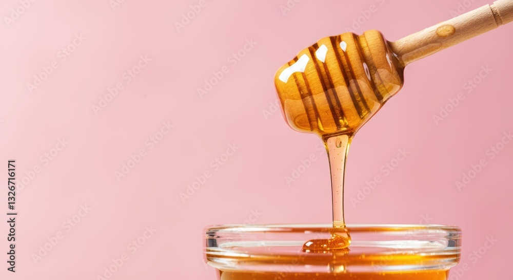 Golden honey dripping from wooden dipper into glass jar on pink background Golden honey dripping from wooden dipper into glass jar on pink background