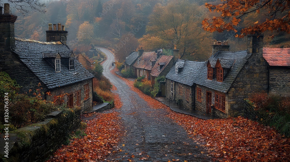 Naklejka premium Picturesque Stone Cottages on a Cobblestone Street in Autumn, Fallen Leaves and Misty Atmosphere, Charming Village Scene