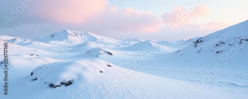 Snowy hummocks on a lifeless highland plateau, highland plateau, frozen earth